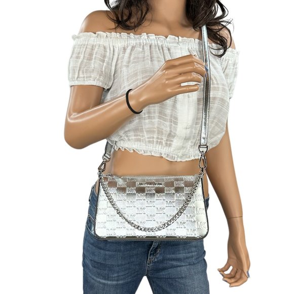 Michael Kors Jet Set Travel Chain Crossbody Bag Embossed MK Signature Silver - Picture 1 of 13